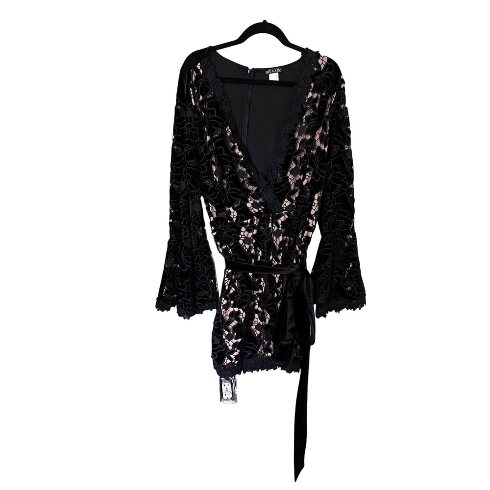 Venus Womens 3X Black Lace-Overlay Bell Sleeve Romper‎ plus Size  party event
